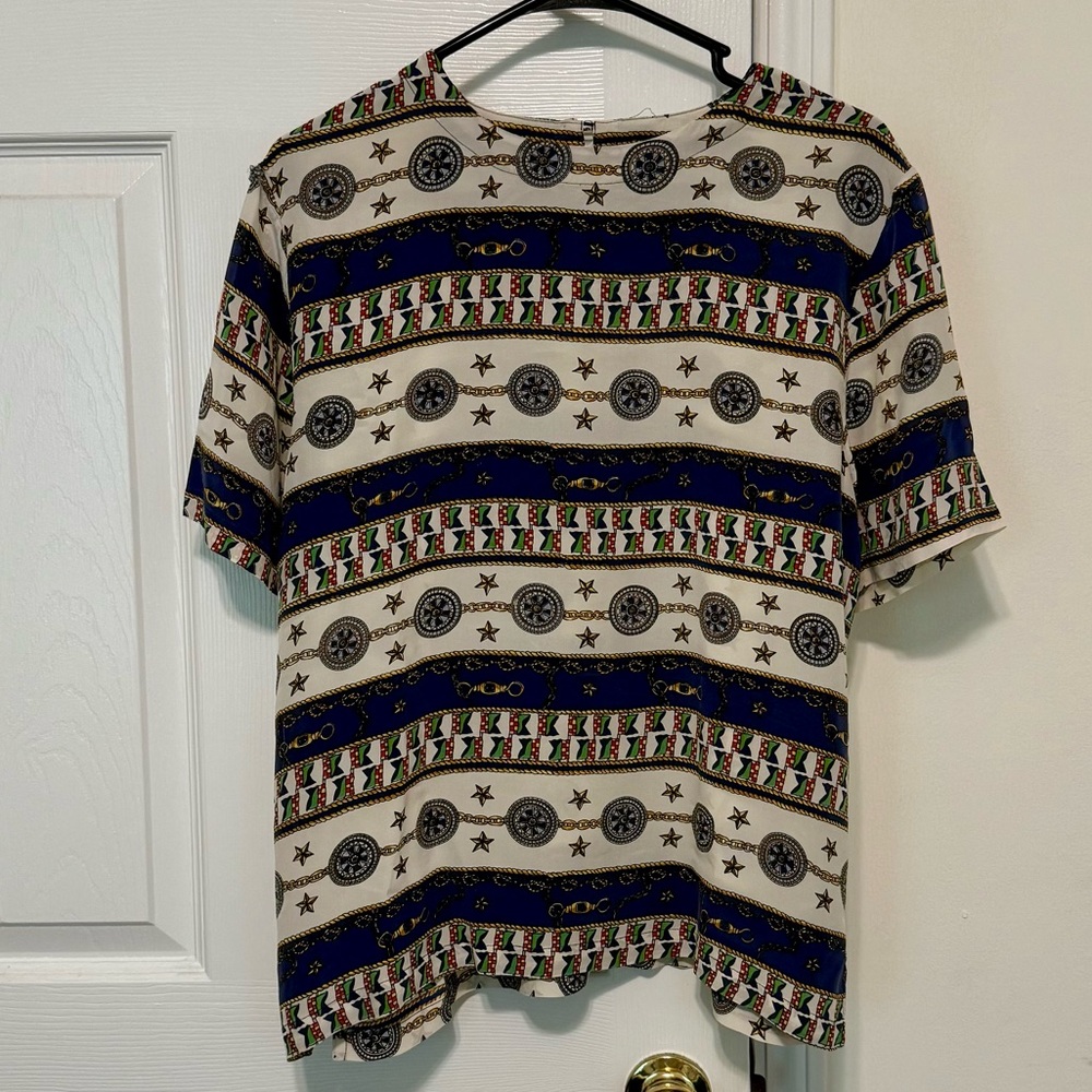 Vintage 100% Silk Nautical Patterned Short Sleeve Top